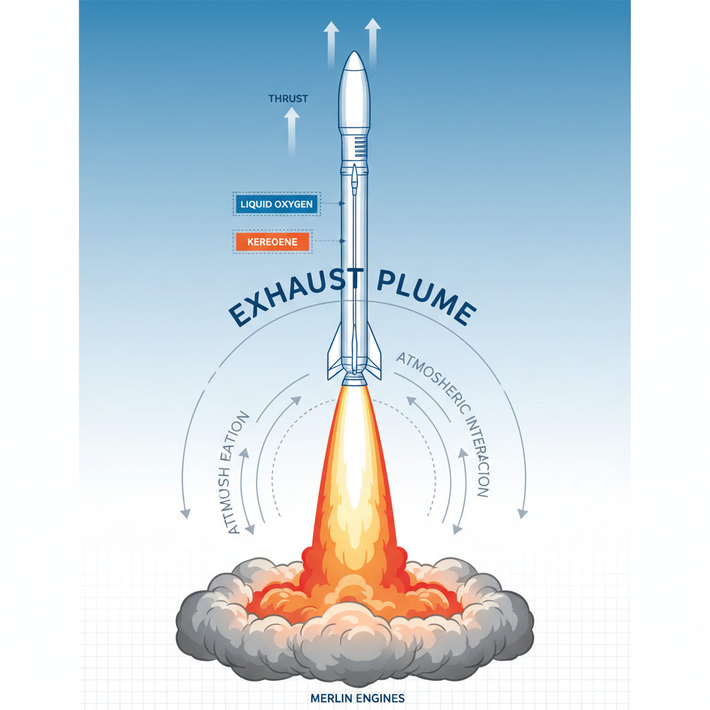 Diagrama esquemático detalha a formação da pluma de exaustão de um foguete Falcon 9, mostrando a interação dos gases quentes com a atmosfera terrestre.