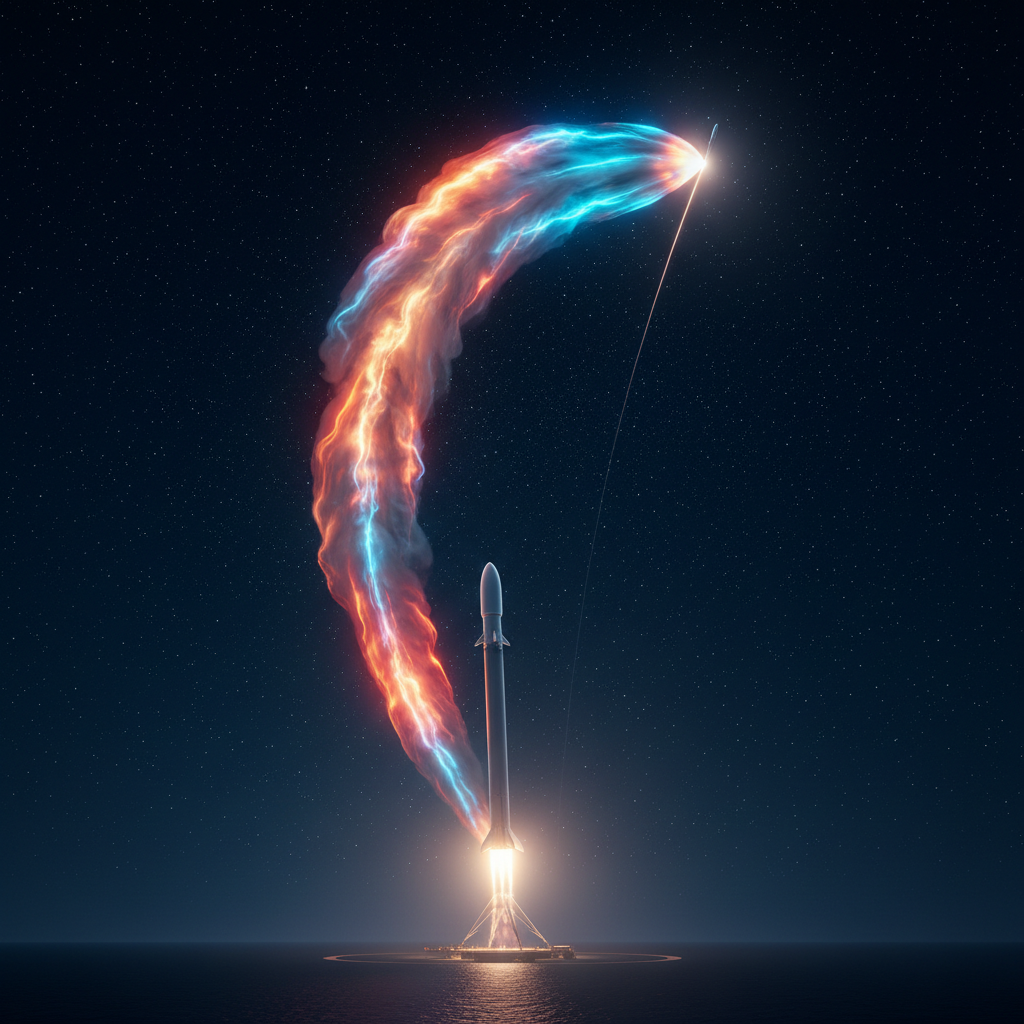 O foguete Falcon 9 da SpaceX, um símbolo da engenharia espacial moderna, ascende aos céus enquanto sua pluma de exaustão cria um efeito de 'água-viva' contra o pano de fundo estrelado.