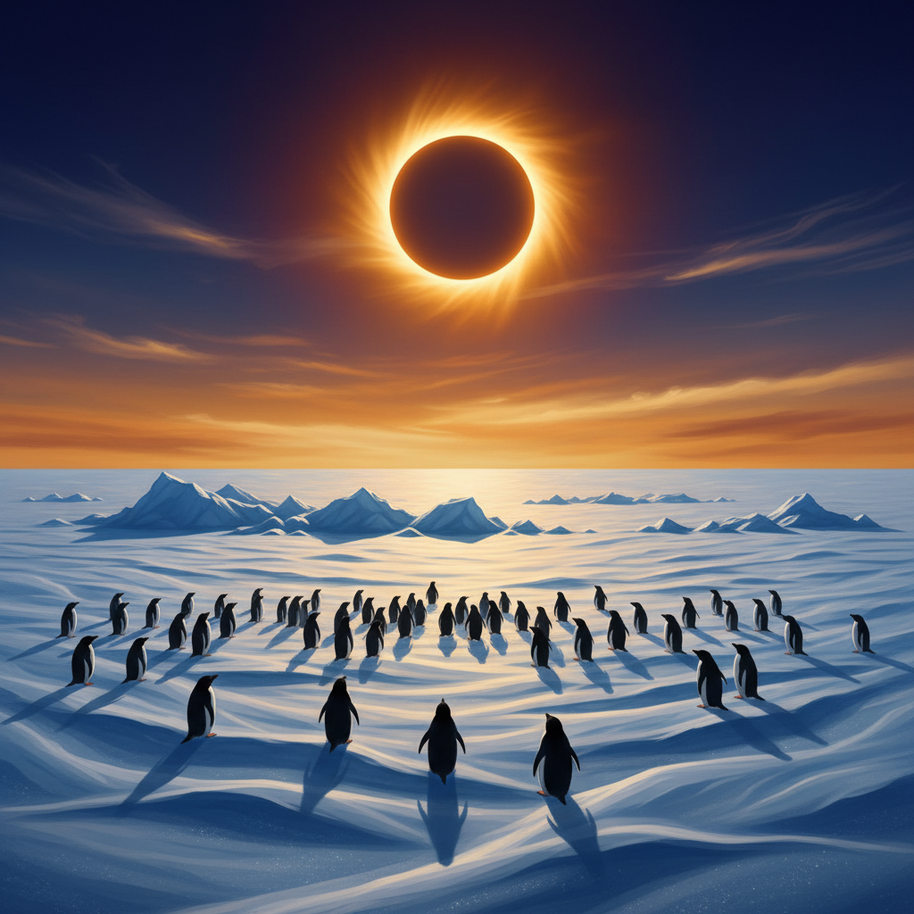 Em um cenário grandioso e isolado, pinguins na Antártida se tornam os improváveis espectadores do raro 'anel de fogo' cósmico, um espetáculo da natureza.
