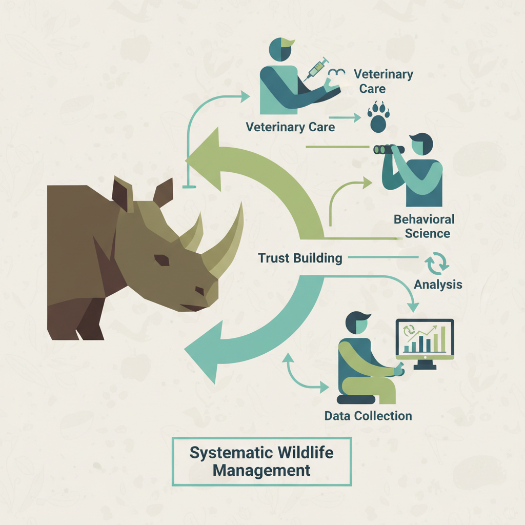 Um diagrama esquemático ilustra a complexidade da interação humano-animal, destacando a ciência do comportamento e a confiança como pilares da conservação moderna.