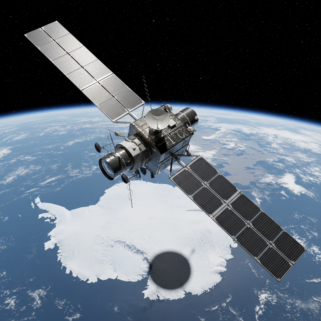 Um satélite de observação terrestre, com seus painéis solares estendidos, orbita a 36.000 quilômetros acima da Terra, atuando como um olho cósmico. Ele capta a sombra da Lua deslizando sobre a Antártica, revelando a magnitude de eventos astronômicos para a humanidade.