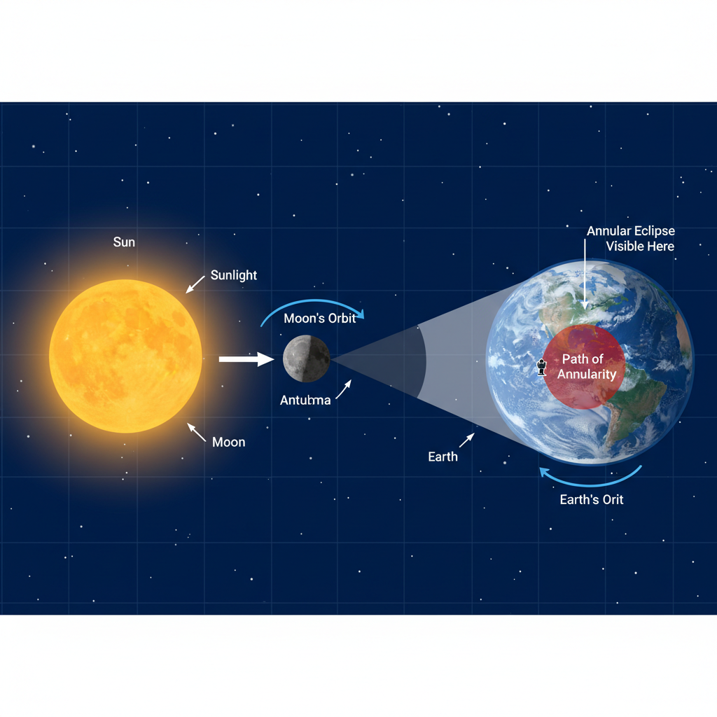 Este diagrama ilustra o mecanismo de um eclipse solar anular, onde a Lua não cobre completamente o disco solar. A posição mais distante da Lua em sua órbita elíptica resulta no famoso 'anel de fogo' visto da Terra.
