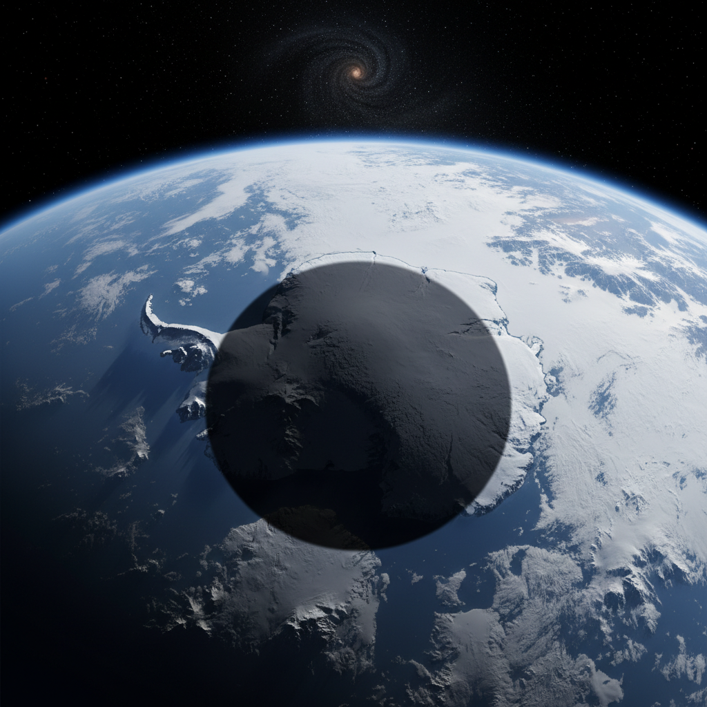 A vasta e intocada paisagem da Antártica é engolida por uma gigantesca sombra lunar, um disco escuro de centenas de quilômetros de diâmetro. Esta visão de cima oferece uma perspectiva única da interação entre os corpos celestes, transformando um evento astronômico em um espetáculo geográfico.