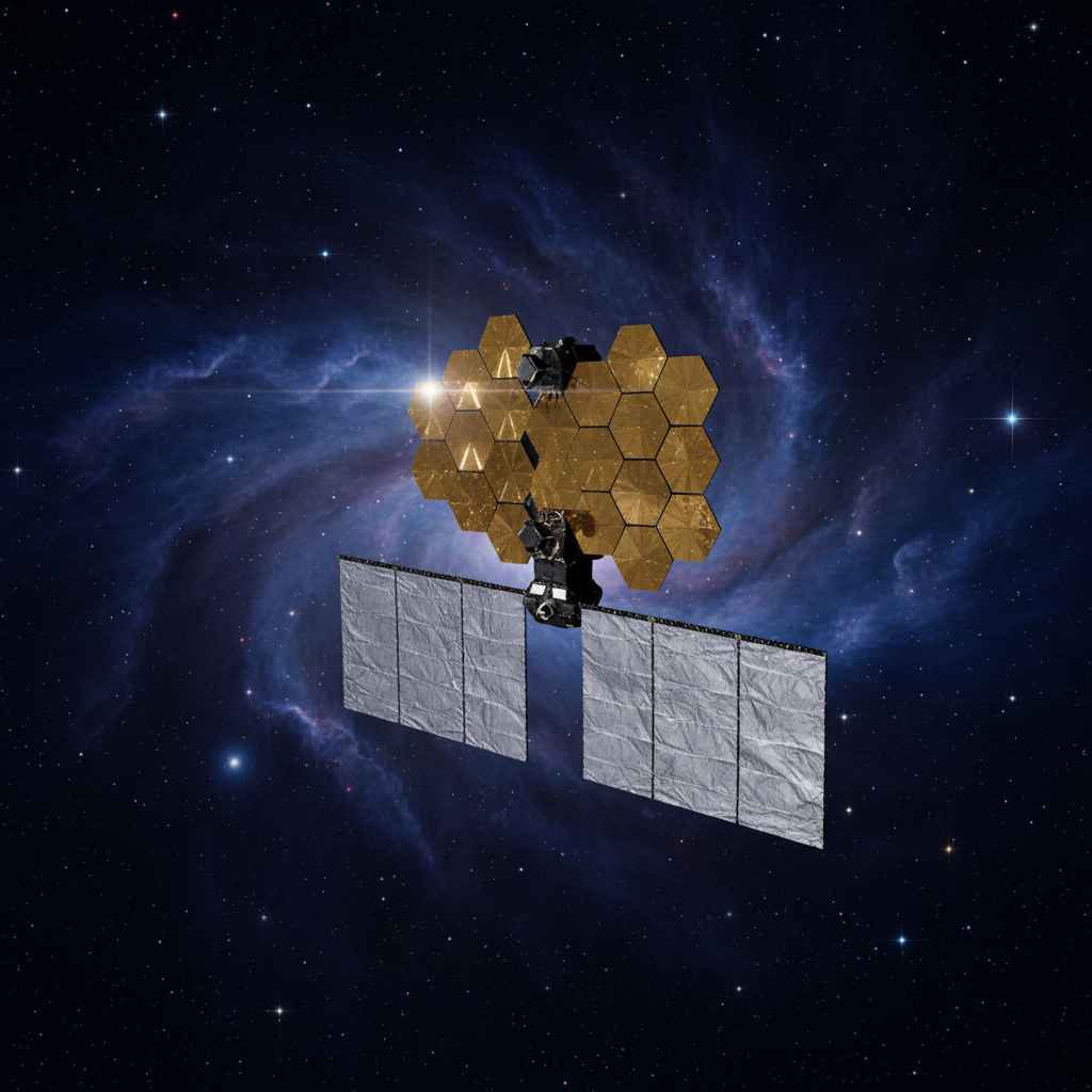 O Telescópio Espacial James Webb, uma maravilha da engenharia, orbita a Terra em busca de respostas sobre o universo primordial, utilizando seus espelhos dourados para captar a luz de galáxias distantes.