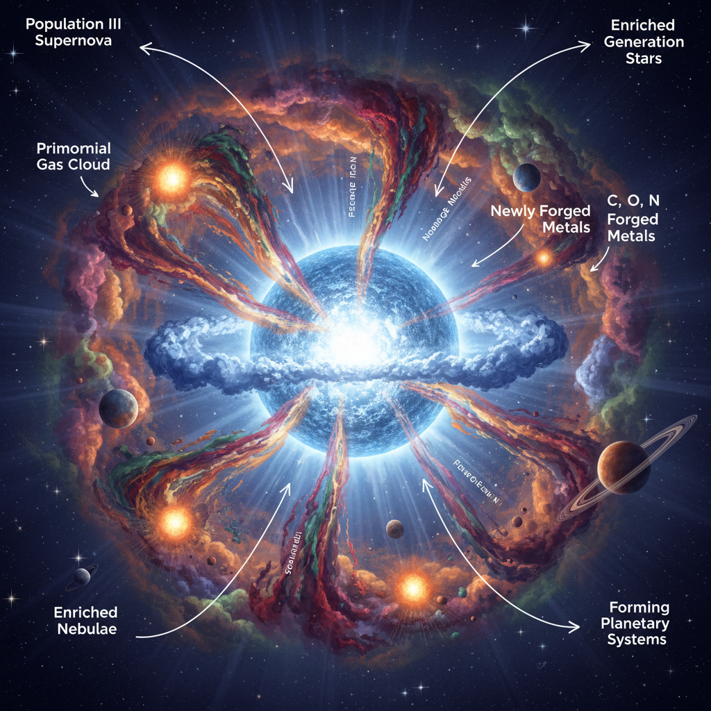Este diagrama ilustra como as massivas Estrelas da População III, ao explodirem em supernovas, dispersaram os primeiros elementos pesados, como o nitrogênio, semeando o universo para a formação de novas estrelas e planetas.