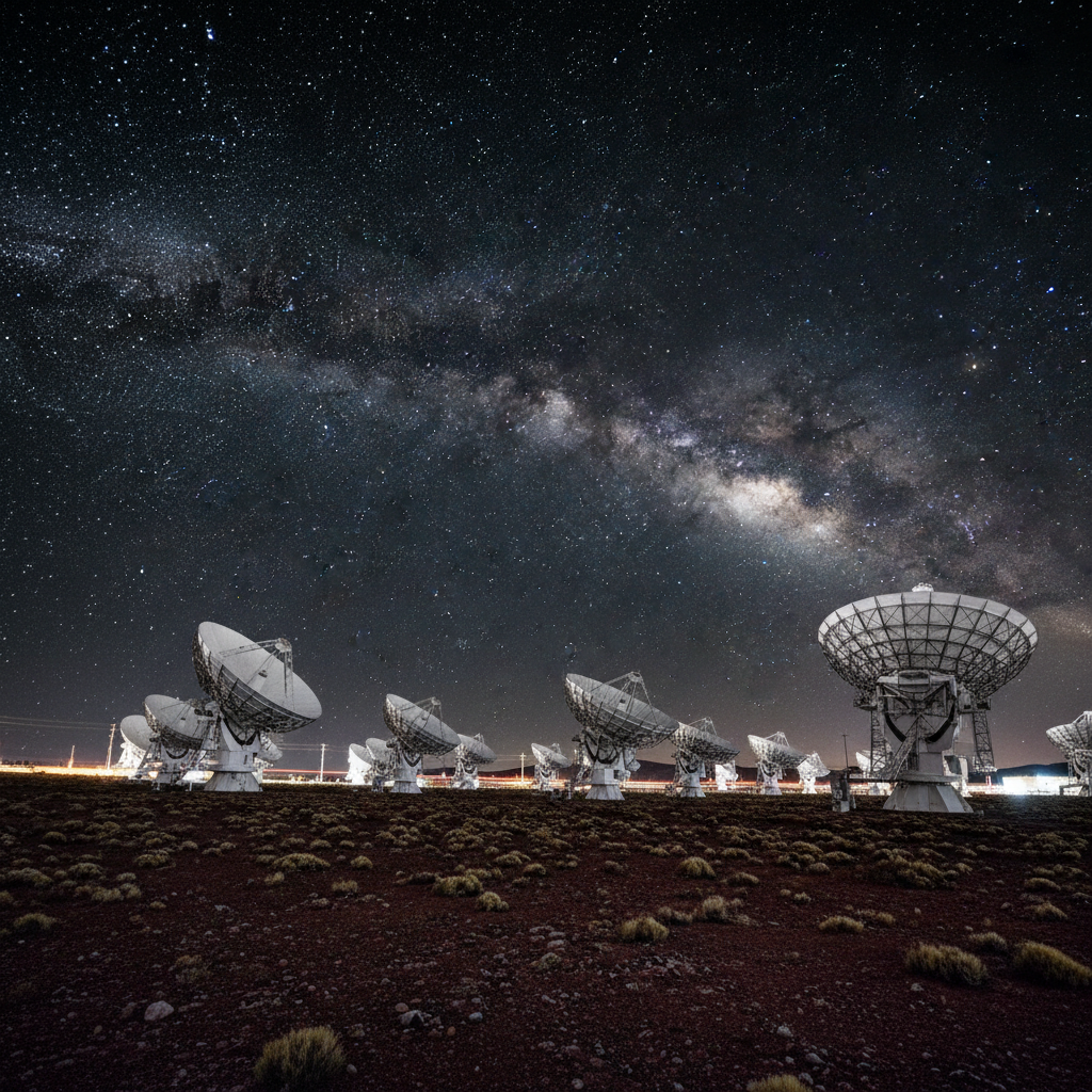 Antenas do Observatório ALMA no deserto do Atacama, Chile, apontam para o céu noturno, simbolizando os esforços globais para desvendar os mistérios do universo, incluindo o coração da nossa própria galáxia.