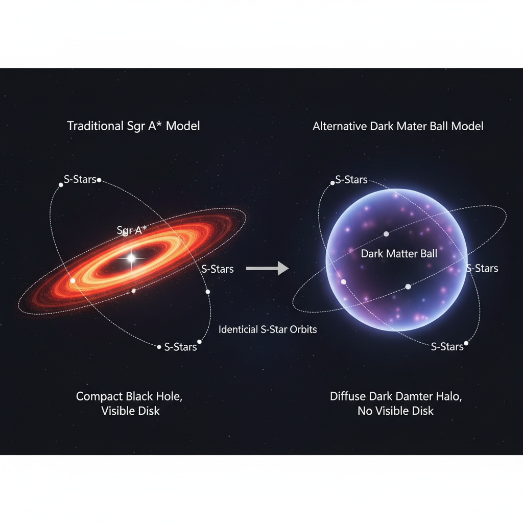 Diagrama comparativo ilustra duas teorias para o centro da Via Láctea: à esquerda, o buraco negro supermassivo Sgr A*; à direita, uma alternativa hipotética de uma densa concentração de matéria escura.