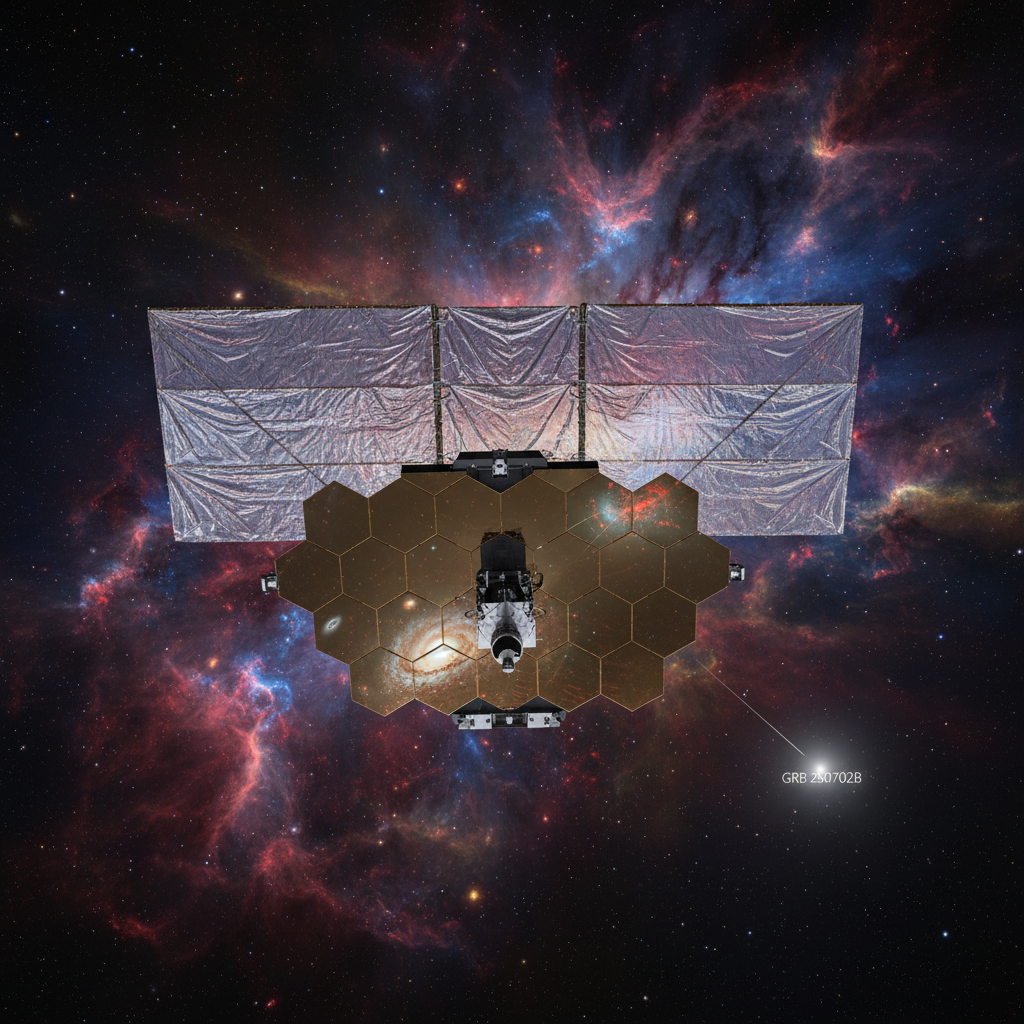 O Telescópio Espacial James Webb (JWST) em órbita, direcionando seus instrumentos para o local do GRB 250702B. Suas capacidades infravermelhas foram cruciais para desvendar as complexidades do fenômeno.