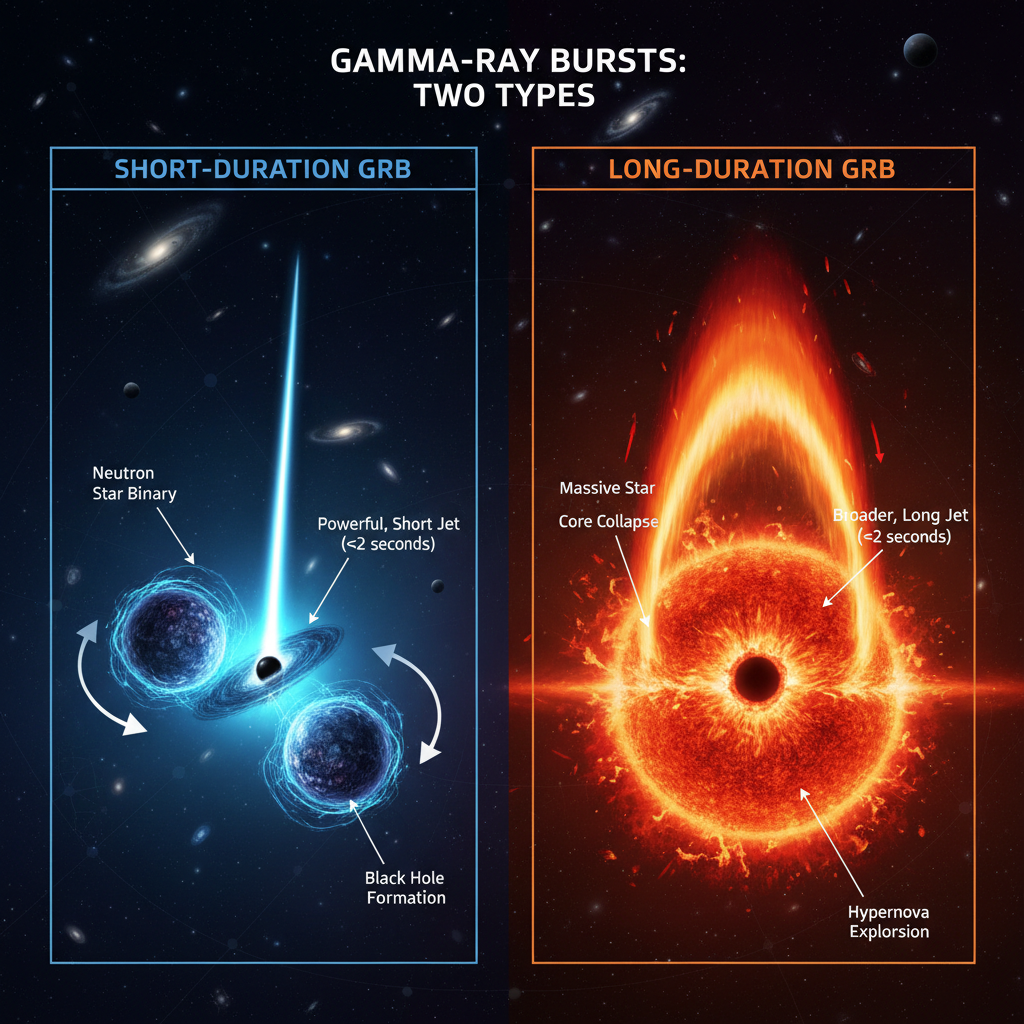 Diagrama comparativo ilustrando os dois principais mecanismos de formação de GRBs: a fusão de estrelas de nêutrons (curta duração) e o colapso de estrelas massivas (longa duração). O GRB 250702B desafia ambas as categorizações.