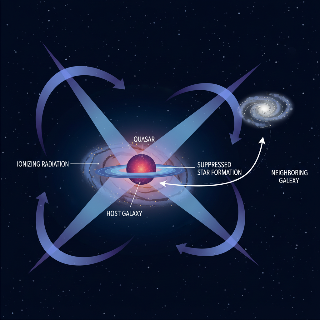 Diagrama esquemático que ilustra o conceito de 'feedback de buraco negro' em escala intergaláctica. A radiação intensa de um quasar central (azul e vermelho) se propaga, inibindo a formação estelar em galáxias vizinhas (roxo e amarelo).