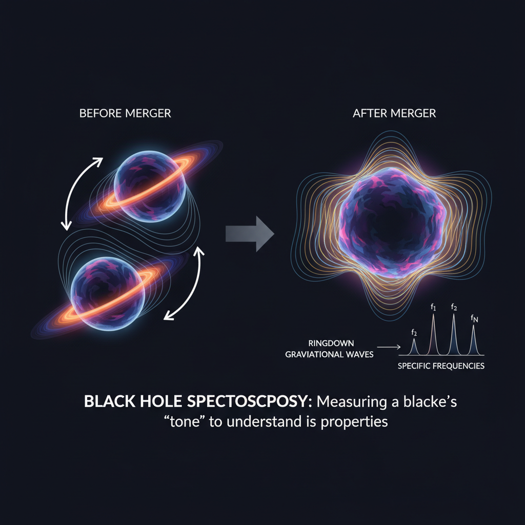 Diagrama explicativo da espectroscopia de buracos negros: após a fusão, o novo buraco negro 'ressoa', emitindo ondas gravitacionais com frequências específicas que revelam sua natureza e testam a relatividade geral.