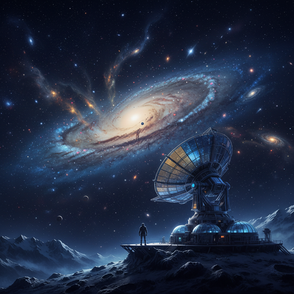 Uma vista panorâmica do cosmos, com galáxias distantes e nebulosas, simbolizando a vastidão do universo e a incessante busca humana por compreender seus mistérios. Eventos como o GRB 250702B nos impulsionam a reavaliar nosso conhecimento.