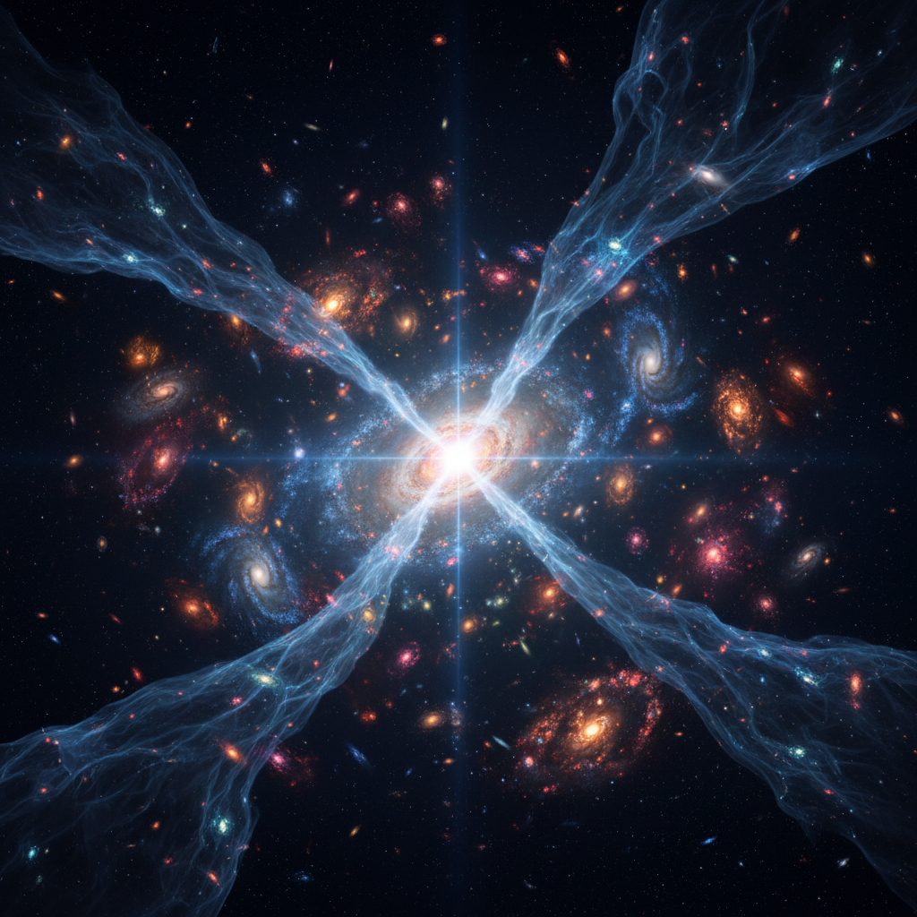 Uma visão espetacular do universo primitivo, dominado por um quasar ativo e luminoso. Sua energia colossal não apenas moldava sua própria galáxia hospedeira, mas também estendia sua influência inibidora sobre a formação de estrelas em galáxias vizinhas, redefinindo nossa compreensão da evolução cósmica.