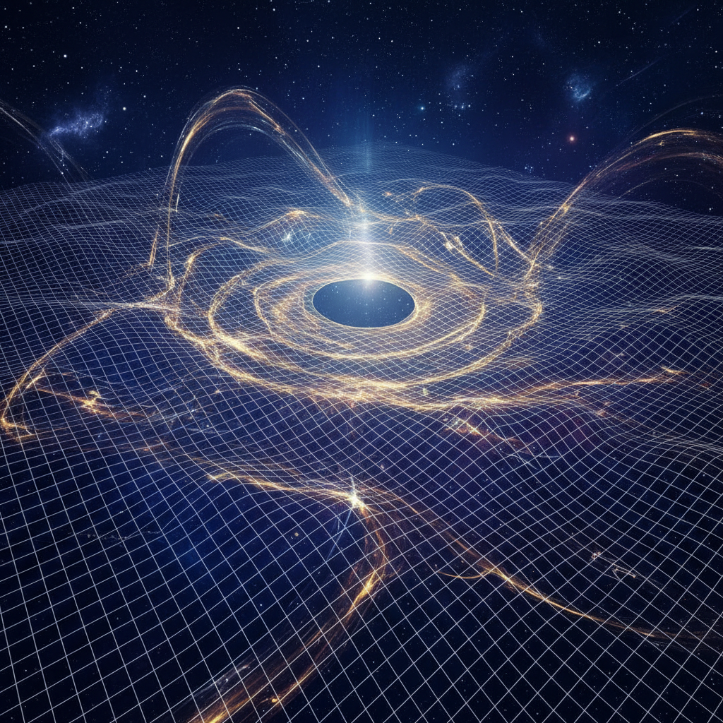 Uma visualização impactante de ondas gravitacionais distorcendo o tecido do espaço-tempo, um fenômeno previsto pela teoria da relatividade geral de Einstein e confirmado por observações recentes.