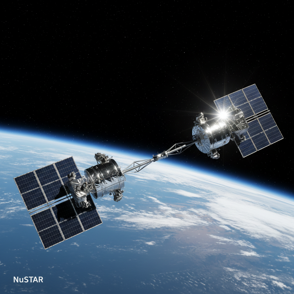 O Telescópio Espacial NuSTAR da NASA em órbita, crucial para as observações de alta energia que revelam o comportamento anômalo de buracos negros como o GS 1354−64.