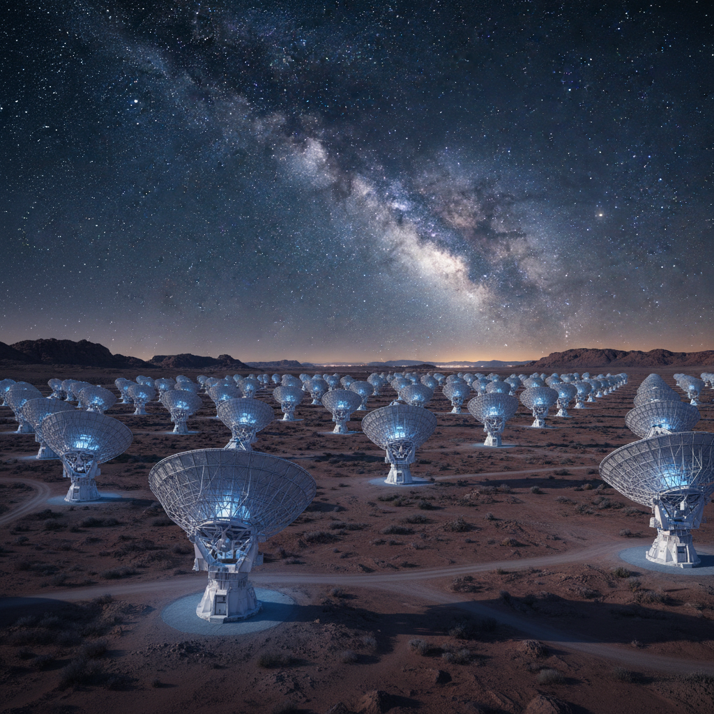 Uma rede global de radiotelescópios, como os utilizados na pesquisa, escuta os sussurros cósmicos, capturando os enigmáticos transientes de rádio de longo período.