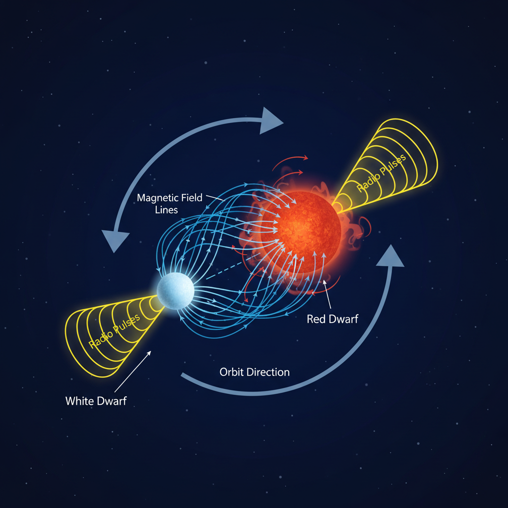 Diagrama esquemático detalhando como a interação entre uma anã branca magnetizada e sua companheira anã vermelha gera os pulsos de rádio observados pelos astrônomos.