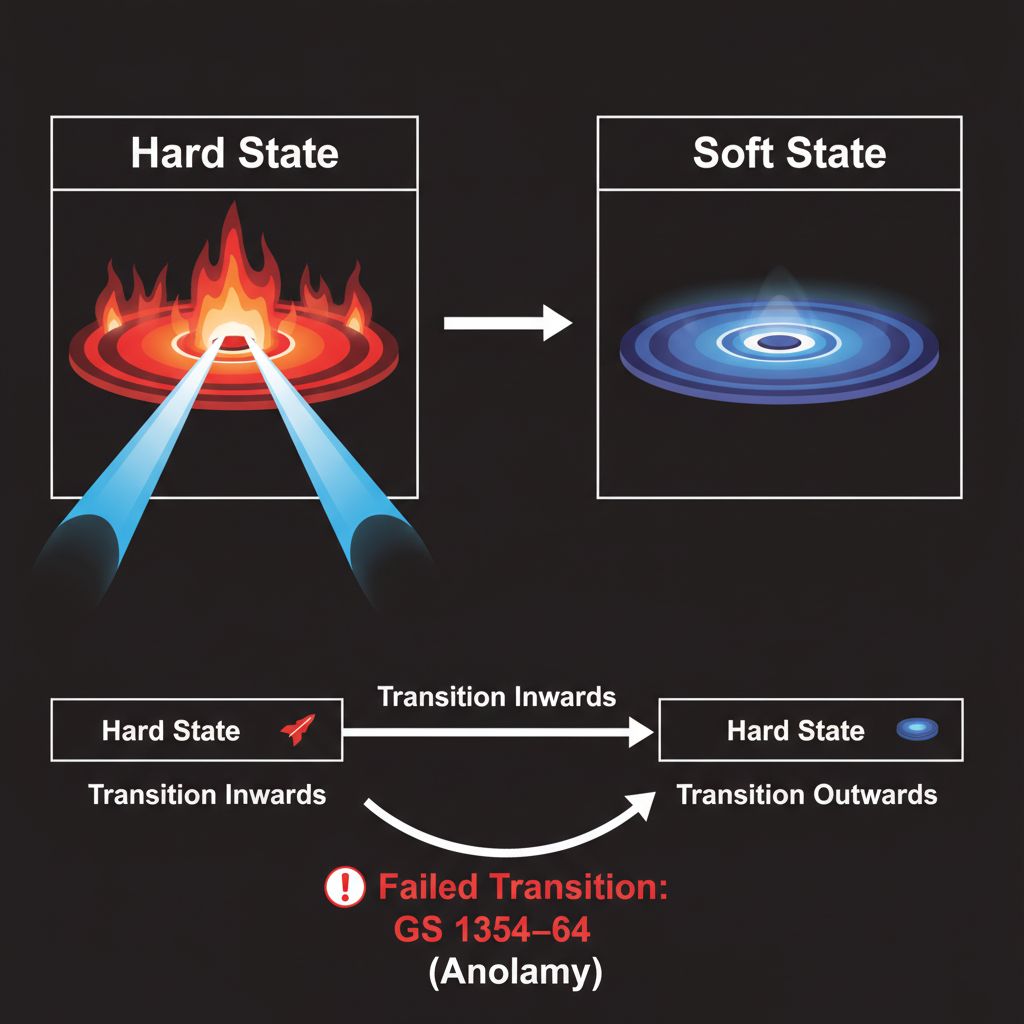 Diagrama esquemático ilustrando a transição de estados espectrais em um buraco negro binário de raios-X, destacando a peculiaridade do GS 1354−64 em não seguir o padrão usual.