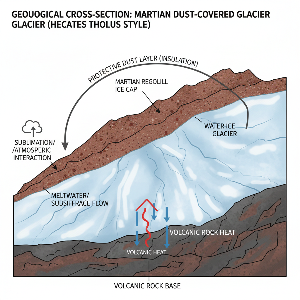 Este diagrama esquemático revela a estrutura interna de um vulcão marciano, onde glaciares de gelo estão protegidos por espessas camadas de poeira e rocha vulcânica.