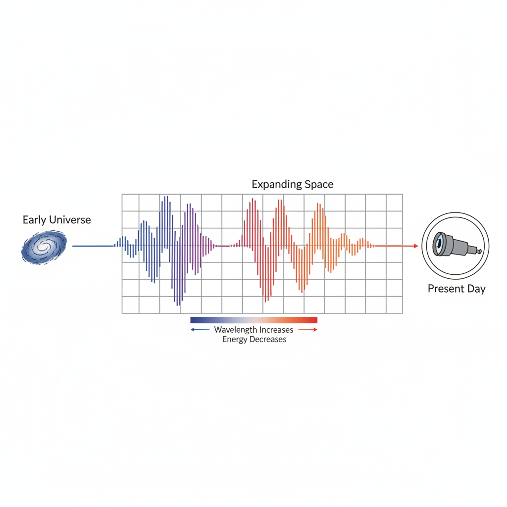Diagrama ilustrativo do redshift cosmológico: a luz de galáxias distantes, como MoM-z14, é esticada para comprimentos de onda mais longos e avermelhados pela expansão do universo, revelando sua idade e distância.