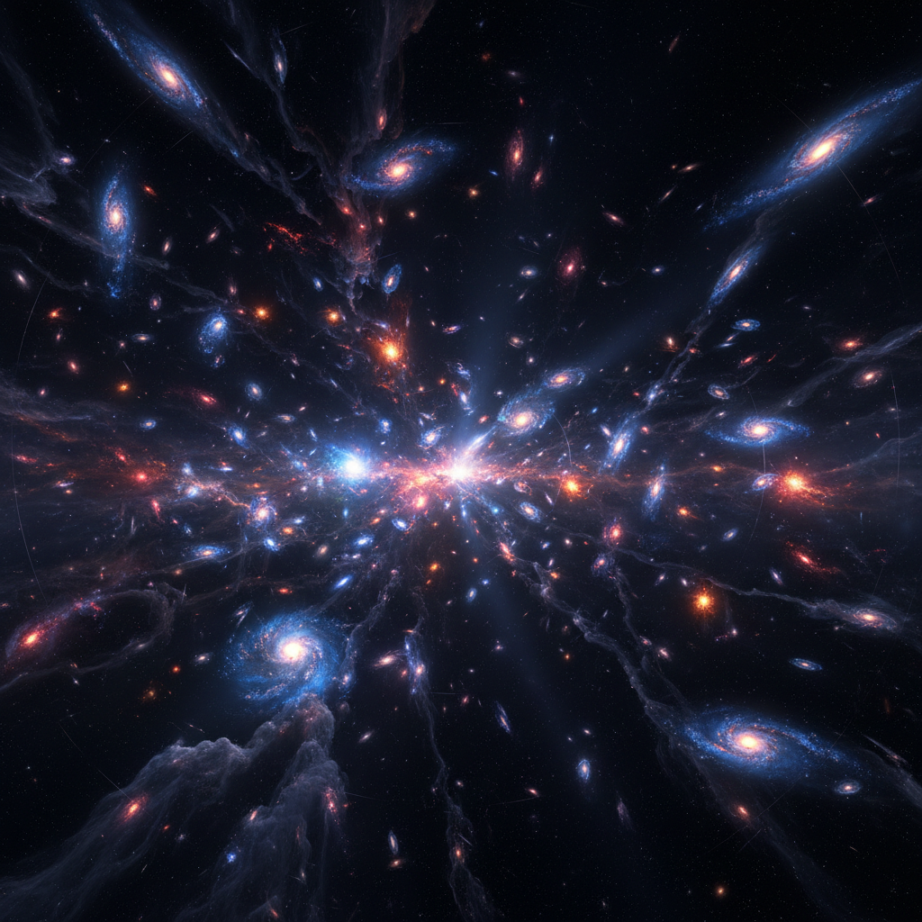 Uma visão espetacular do Amanhecer Cósmico, o período em que as primeiras estrelas e galáxias se acenderam no universo. Esta era de intensa formação galáctica desafia as teorias existentes sobre os primórdios do cosmos.