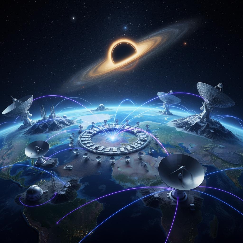 A rede global de radiotelescópios que compõe o Event Horizon Telescope (EHT), operando em conjunto para formar um telescópio virtual do tamanho da Terra. Esta colaboração internacional permite a resolução angular sem precedentes necessária para observar buracos negros distantes.