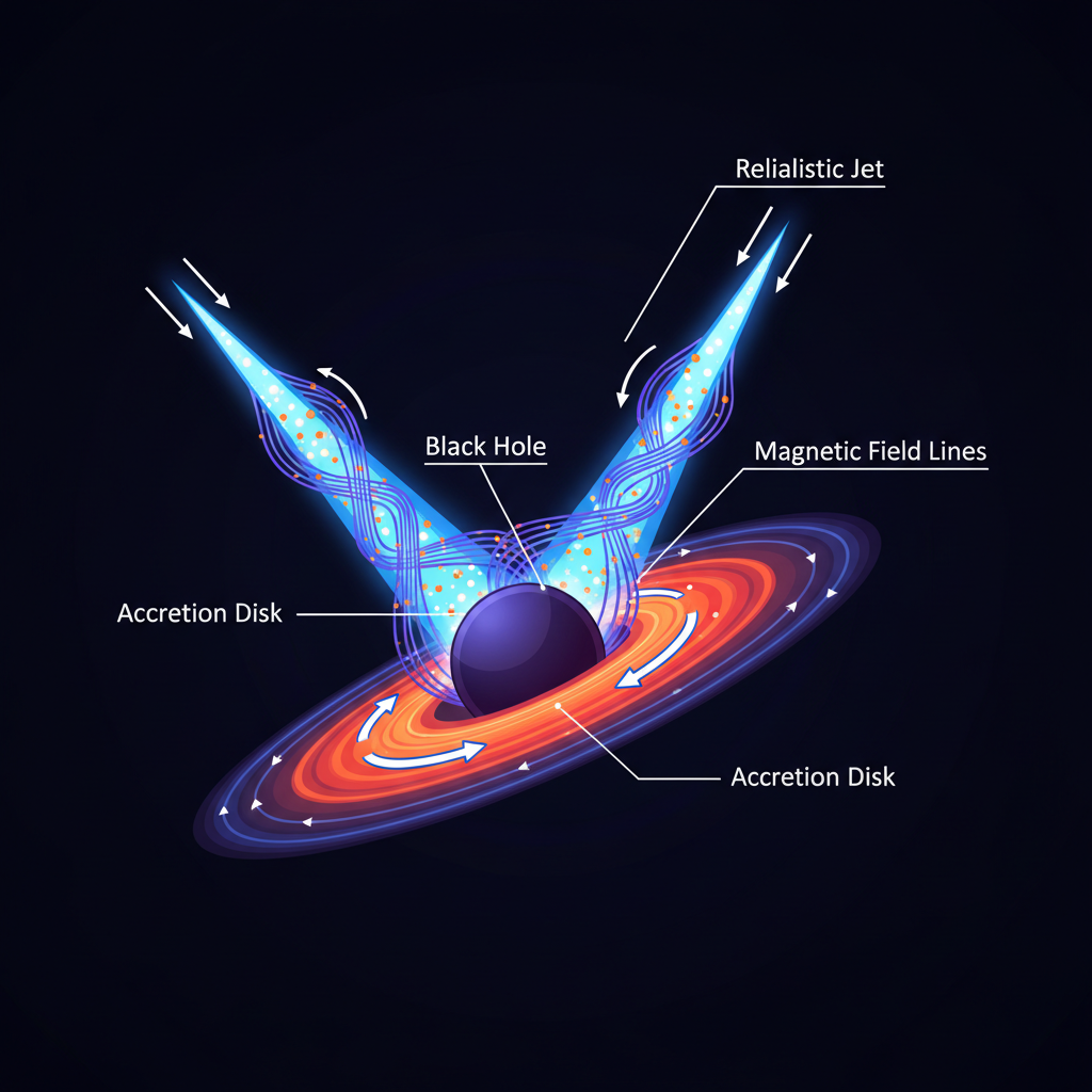 Um diagrama esquemático que ilustra os mecanismos físicos propostos para a formação de jatos relativísticos em torno de buracos negros supermassivos. Linhas de campo magnético torcidas são cruciais para canalizar e acelerar a matéria em jatos poderosos.