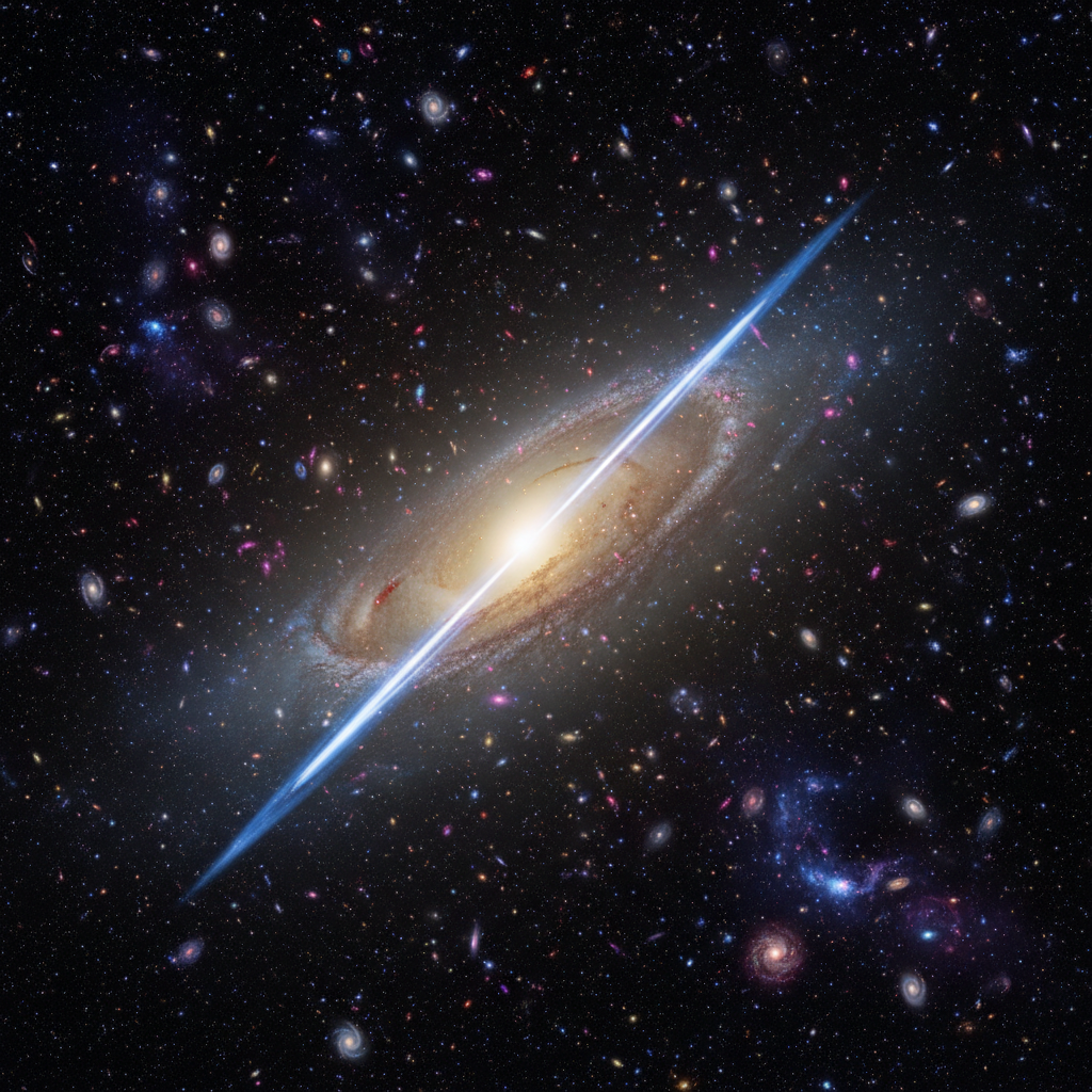 O colossal jato relativístico da galáxia M87, estendendo-se por milhares de anos-luz e rasgando o tecido do espaço intergaláctico. Esta imagem espetacular, inspirada em observações do Hubble, captura a grandiosidade e o impacto cósmico desses fenômenos.