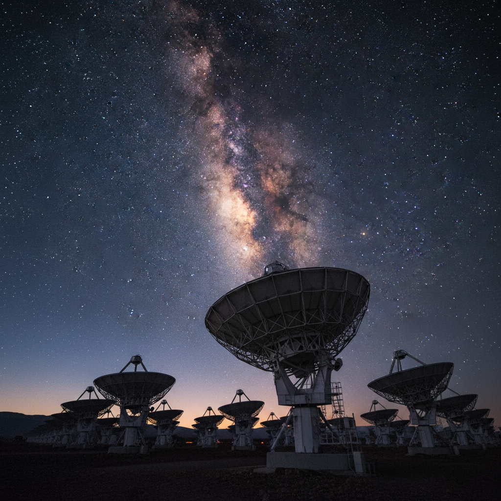 Um avançado radiotelescópio, como os utilizados na busca por pulsares, direciona suas antenas para o denso e misterioso centro da Via Láctea, onde o 'problema do pulsar ausente' persiste.