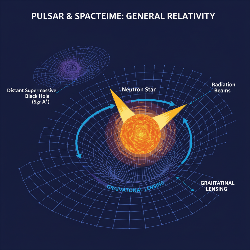 Diagrama esquemático mostrando um pulsar e a curvatura do espaço-tempo ao seu redor, um fenômeno previsto pela Teoria da Relatividade Geral de Einstein que pulsares podem ajudar a testar.