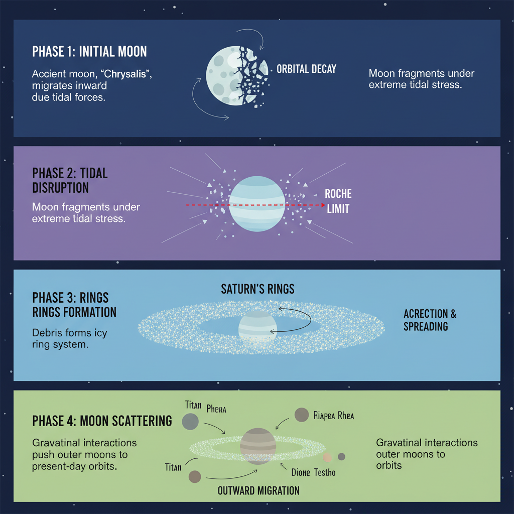 Um diagrama esquemático ilustra a complexa 'instabilidade em duas fases' do sistema saturniano, propondo como a destruição de uma lua antiga deu origem aos anéis e influenciou as órbitas de outros satélites.