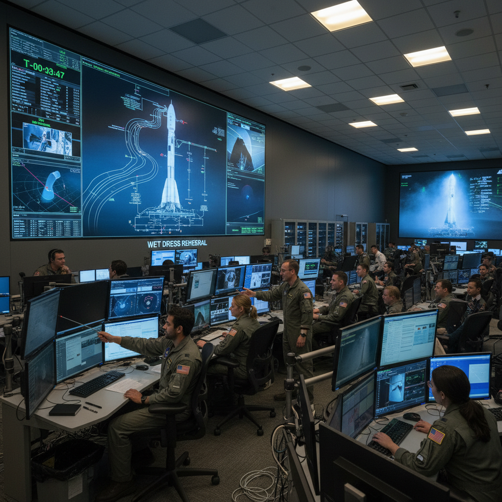 Equipes de engenheiros e técnicos monitoram atentamente os dados em tempo real no centro de controle da missão, durante o ensaio geral molhado do Artemis II. A coordenação humana é crucial para o sucesso de missões espaciais complexas.