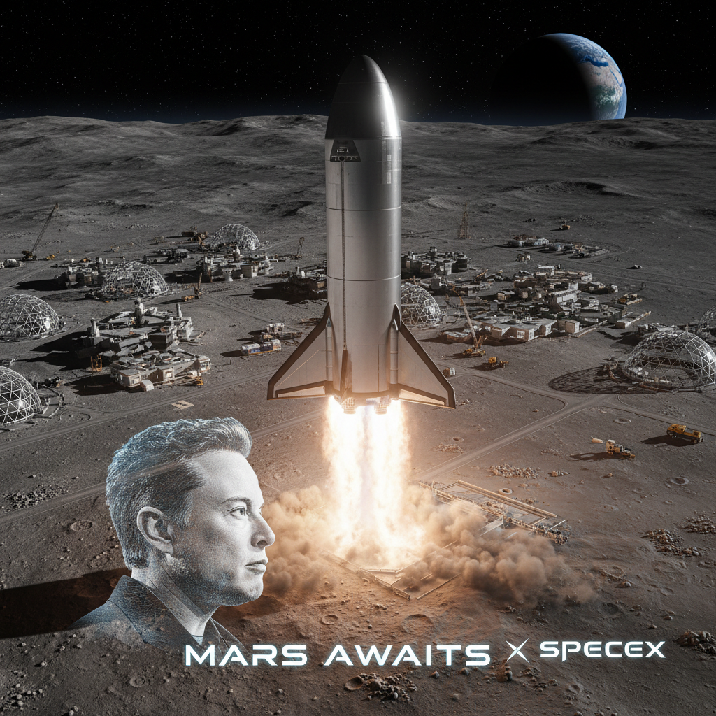 Uma Starship da SpaceX decola de uma base lunar futurista, simbolizando a recente mudança de foco de Elon Musk para a colonização da Lua antes de Marte, visando uma cidade autossustentável em menos de uma década.