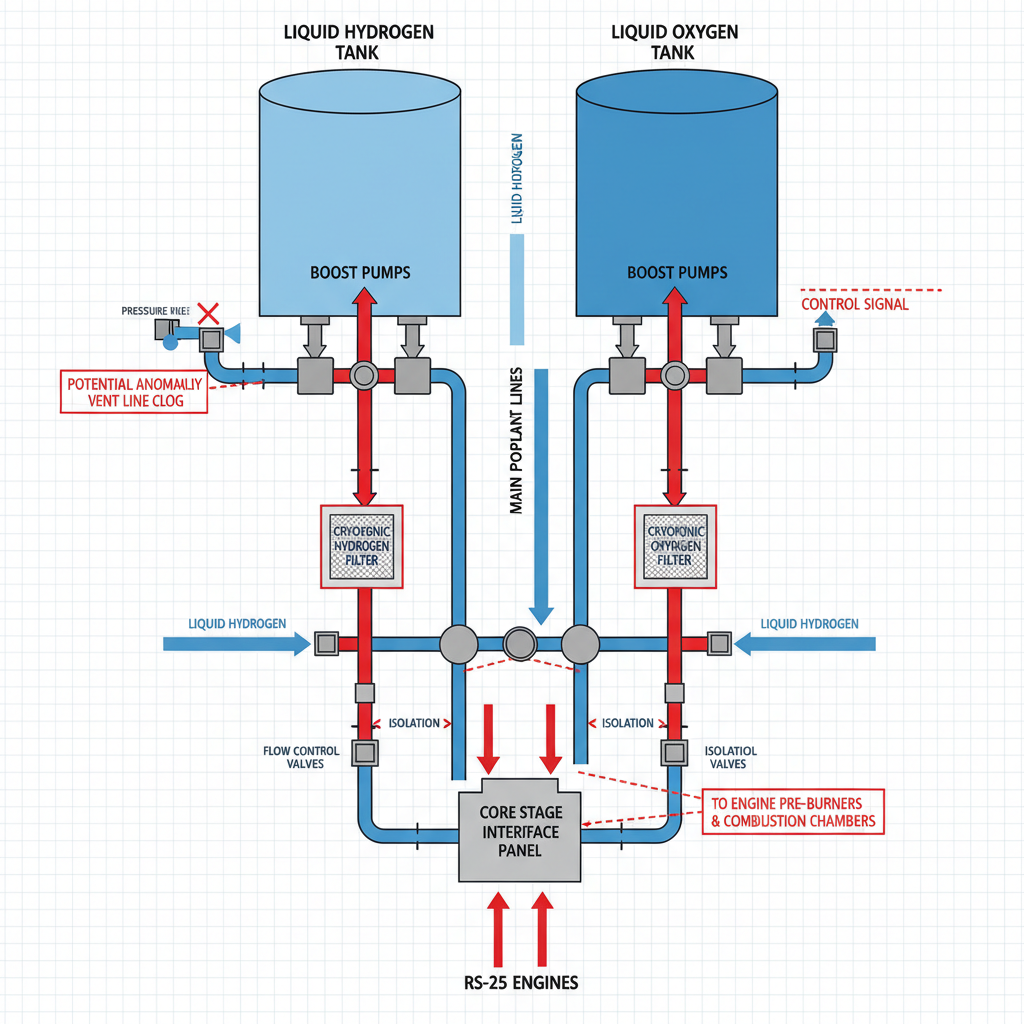 Diagrama esquemático detalhado ilustrando o sistema de carregamento de propelente criogênico do foguete SLS, destacando a complexidade e a importância de cada componente, como o filtro, para a segurança da missão.