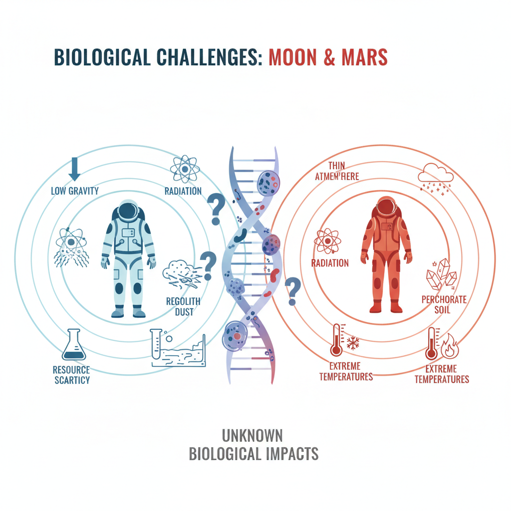 Este diagrama ilustra os complexos desafios biológicos que a colonização da Lua e de Marte impõe ao corpo humano, incluindo radiação, gravidade e a composição única do solo em cada corpo celeste.