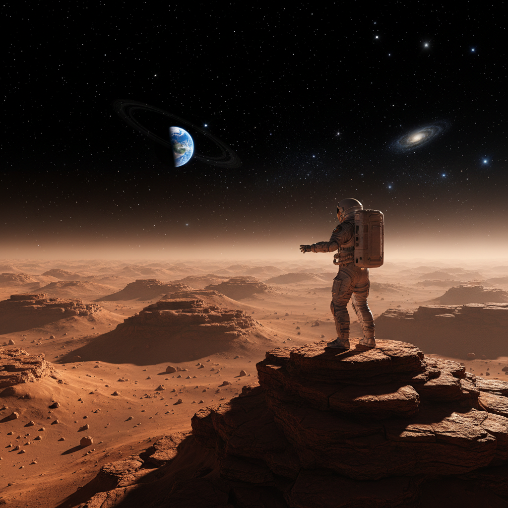 Um astronauta solitário em Marte contempla a Terra distante, encapsulando a grandiosidade e as profundas implicações filosóficas da busca da humanidade por uma existência multiplanetária.