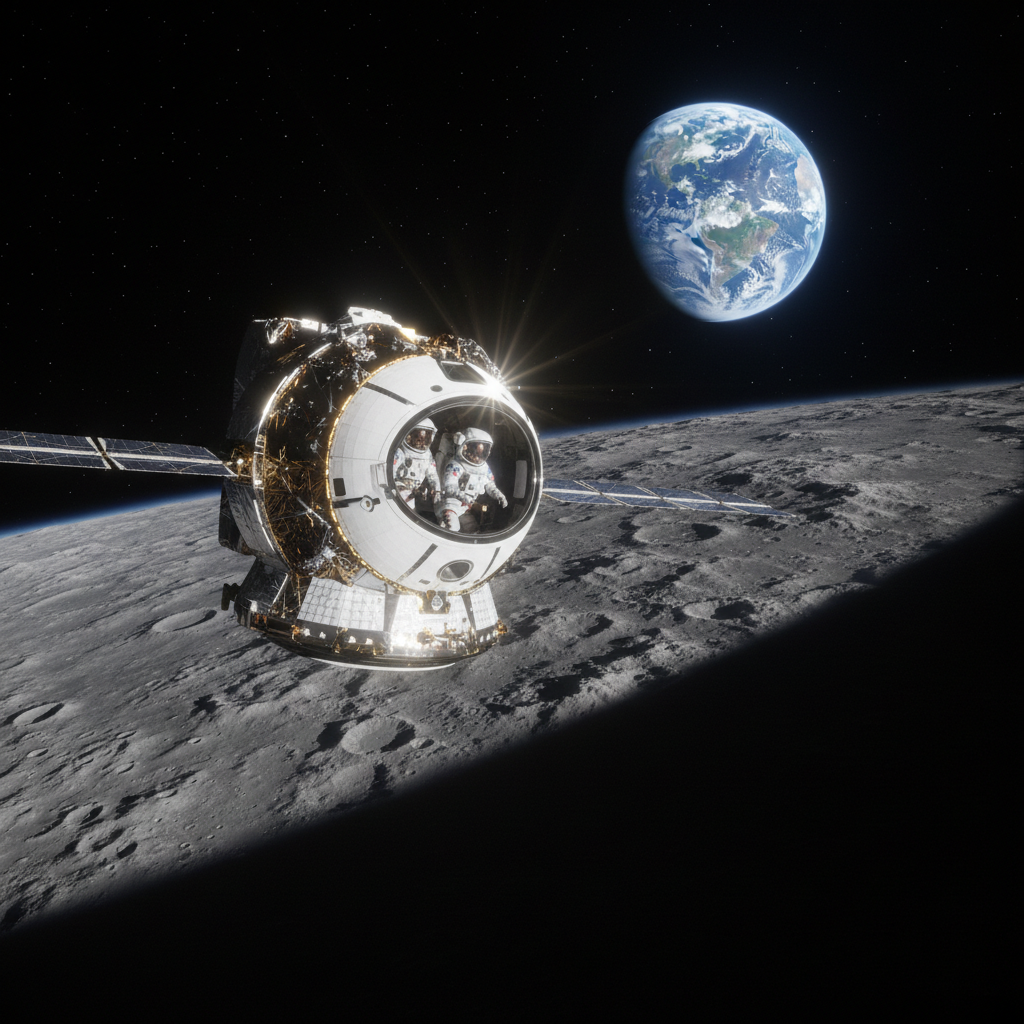 A cápsula Orion, com astronautas a bordo, em sua jornada ao redor da Lua, com a Terra azul visível ao fundo. Esta imagem representa o objetivo final da missão Artemis II: levar a humanidade mais longe no espaço desde o programa Apollo.