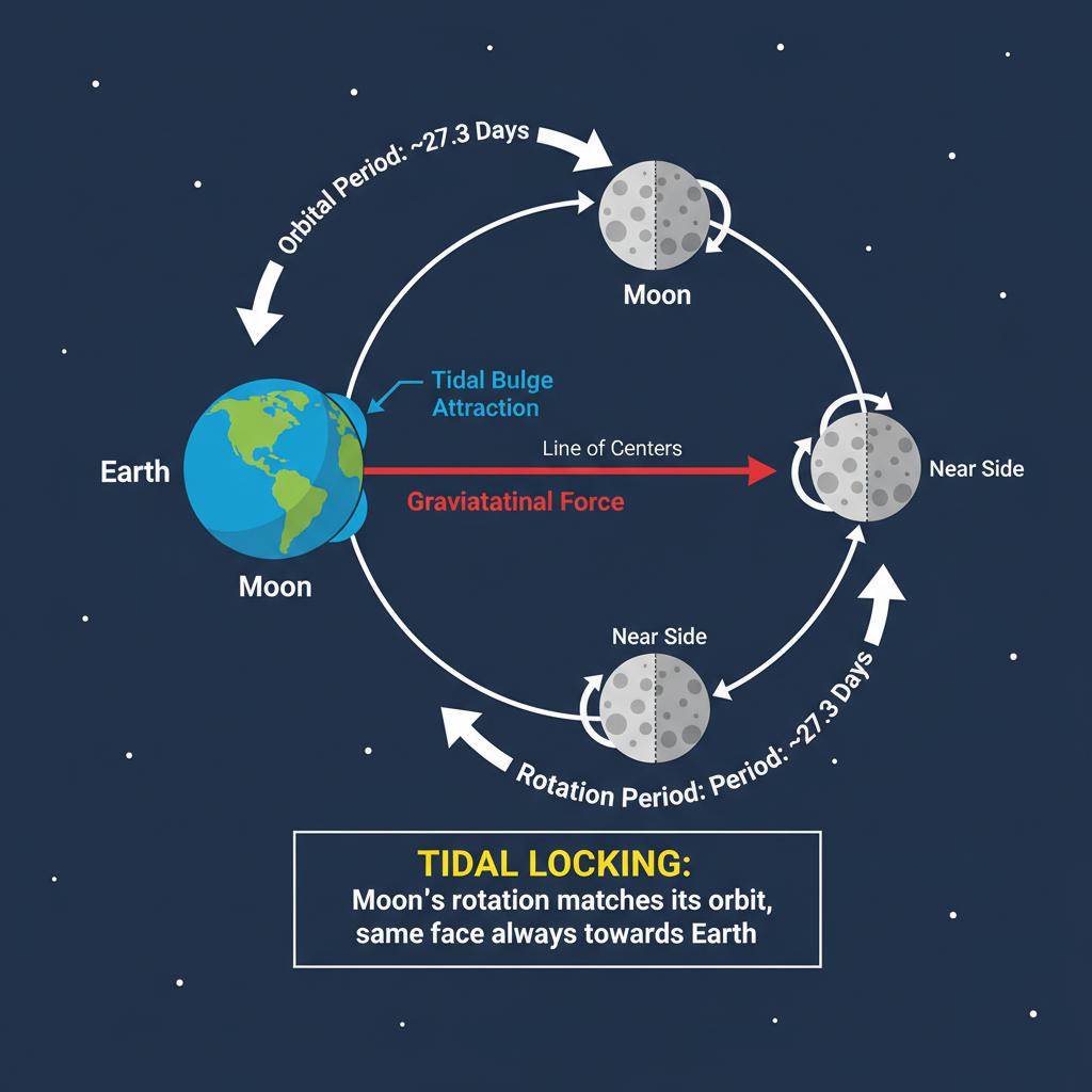 Este diagrama ilustra o acoplamento de maré, fenômeno gravitacional que faz com que a Lua mostre sempre a mesma face para a Terra, mantendo seu lado oculto inexplorado por séculos.