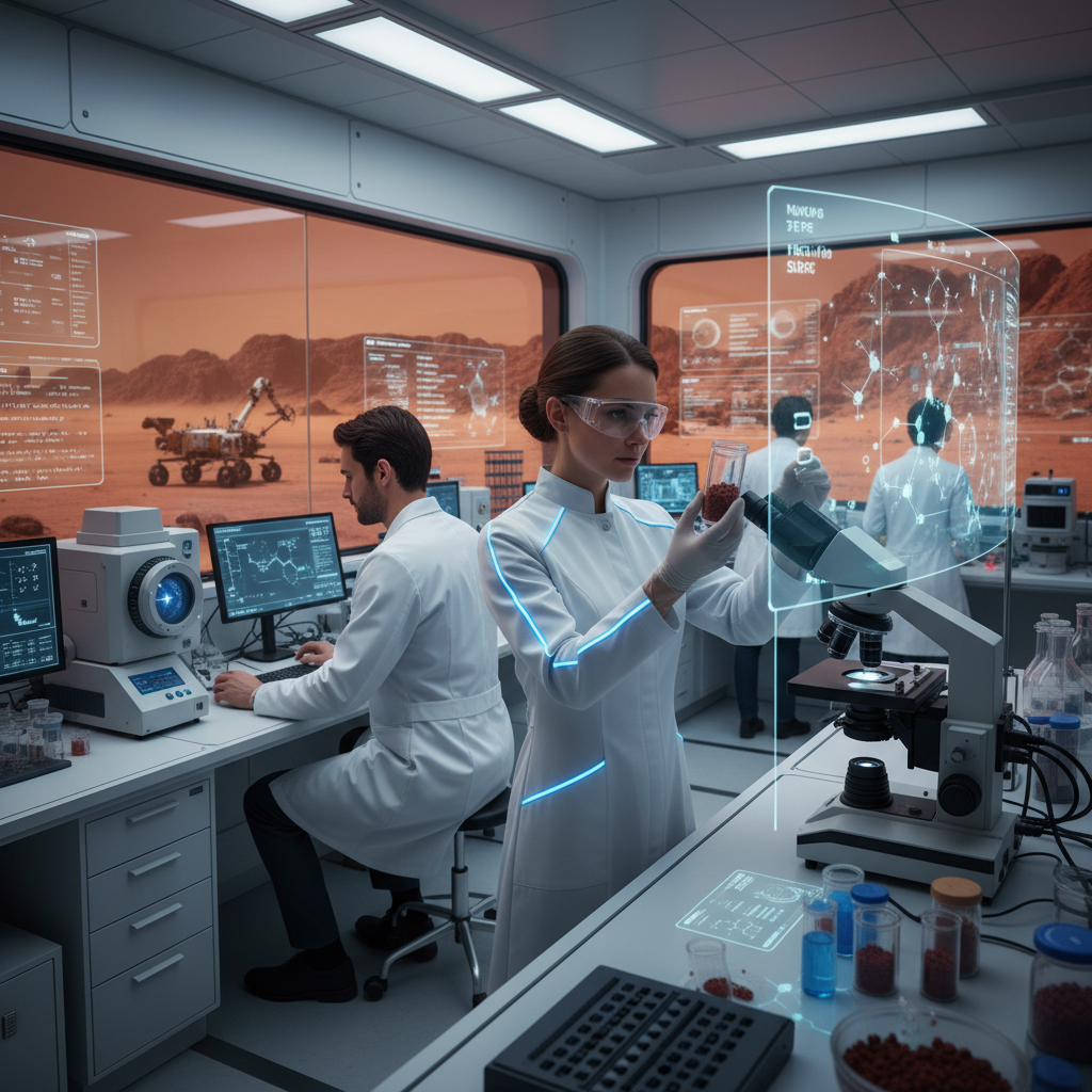 Cientistas em um laboratório de ponta analisam amostras de regolito marciano, buscando desvendar os segredos dos percloratos e seu potencial uso. Esta pesquisa é fundamental para a futura colonização de Marte.