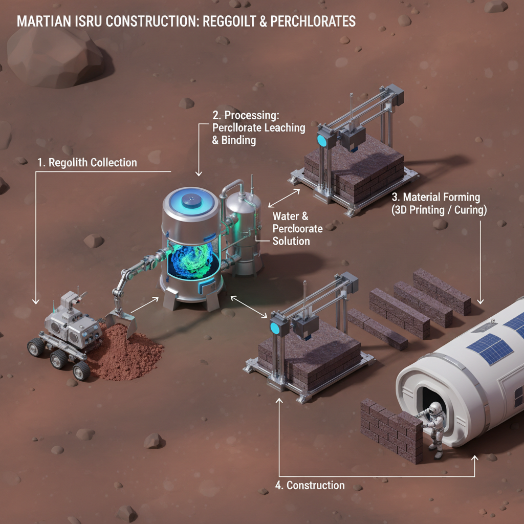 Diagrama ilustrando o conceito de Utilização de Recursos In-Situ (ISRU) em Marte, onde os percloratos são transformados de 'veneno' em um componente chave para a fabricação de materiais de construção, como tijolos.