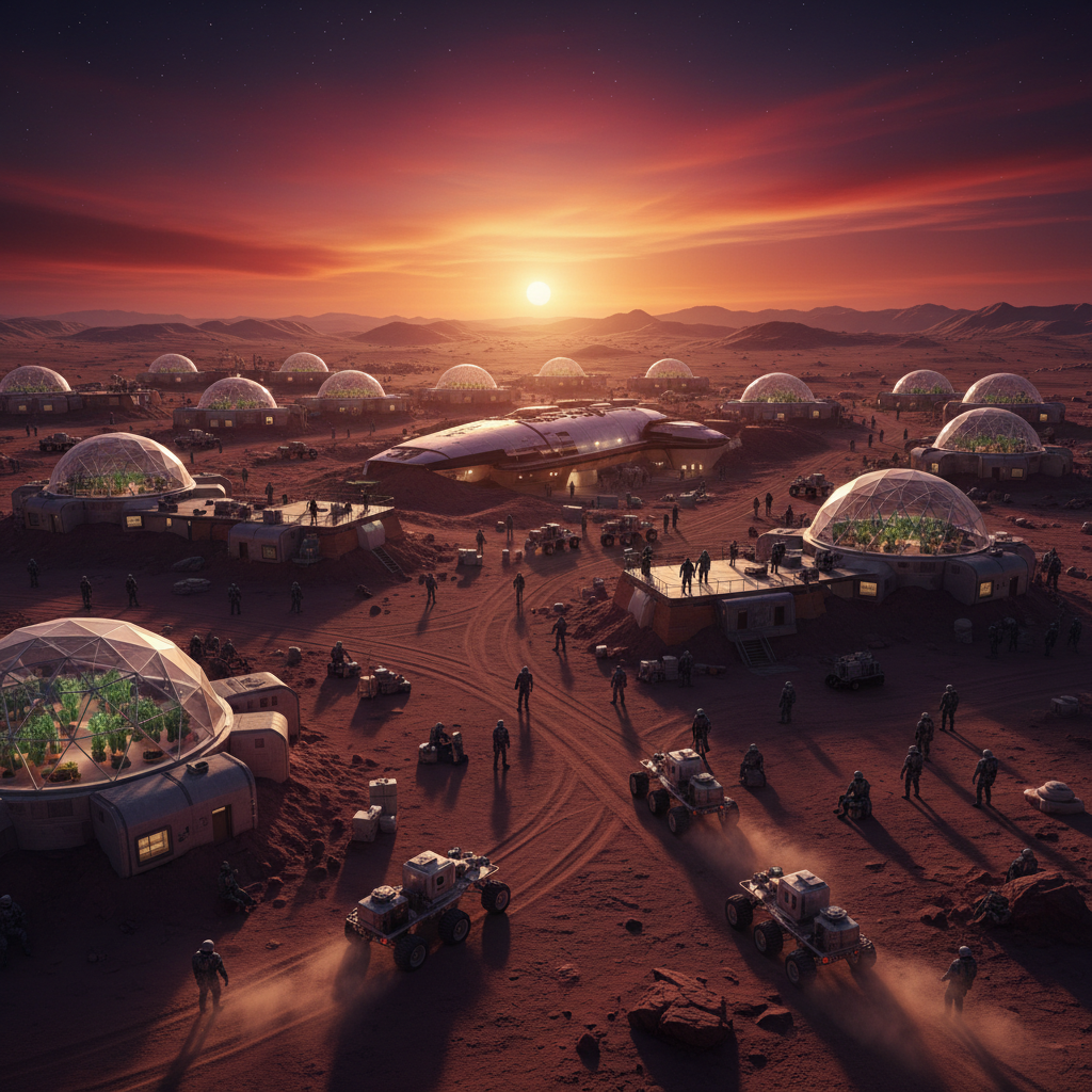 Uma visão inspiradora de uma futura colônia humana em Marte, onde a utilização inteligente dos recursos locais, incluindo os percloratos, permitiu que a humanidade prosperasse no Planeta Vermelho.