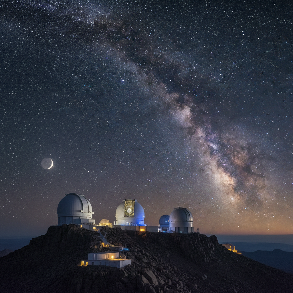 No topo de uma montanha isolada, um observatório moderno com seus telescópios gigantes captura a beleza e os segredos do universo, como a rara ocultação de Mercúrio.