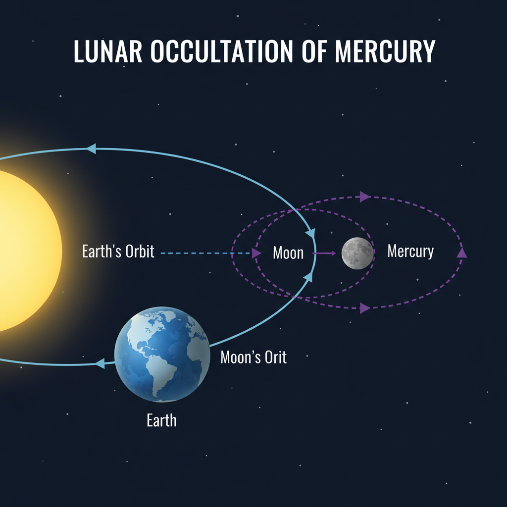 Este diagrama ilustra a complexa geometria orbital que resulta na ocultação de Mercúrio pela Lua, um alinhamento preciso visível da Terra.