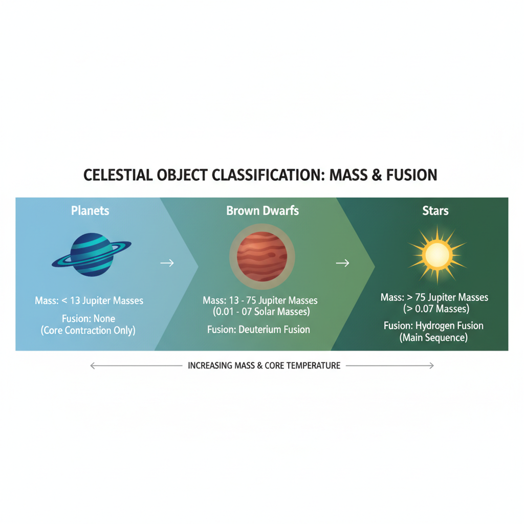 Diagrama esquemático que ilustra a nova fronteira na classificação de objetos celestes, distinguindo planetas de anãs marrons com base em composições atmosféricas como o sulfeto de hidrogênio.