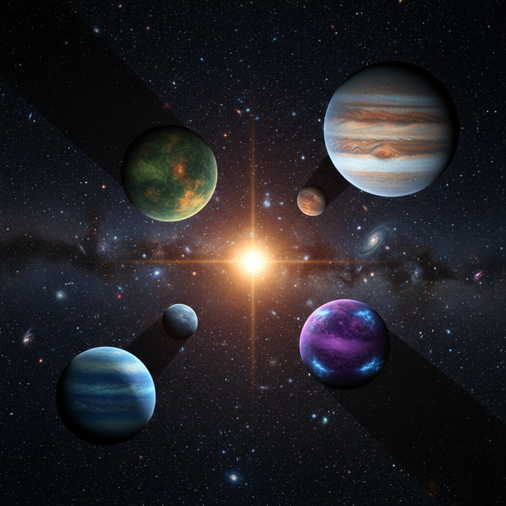 Visão artística do sistema HR 8799, lar de quatro gigantes gasosos que orbitam sua estrela-mãe a distâncias impressionantes, revelando a diversidade arquitetônica de sistemas planetários.