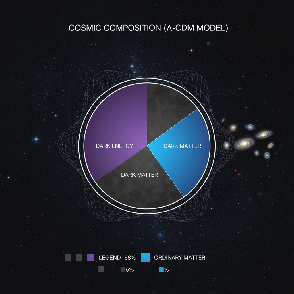 Este diagrama ilustra a composição do universo, onde a energia escura (68%) e a matéria escura (27%) dominam, deixando apenas uma pequena fração para a matéria ordinária que podemos observar.