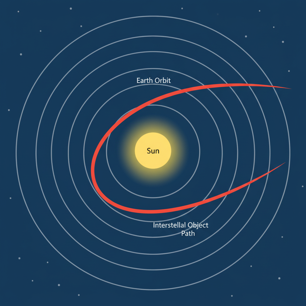 Diagrama esquemático mostrando a trajetória hiperbólica de um objeto interestelar, como o cometa 3I/ATLAS, ao passar pelo Sistema Solar. Diferente dos cometas do nosso sistema, sua órbita não é fechada, indicando sua origem externa.