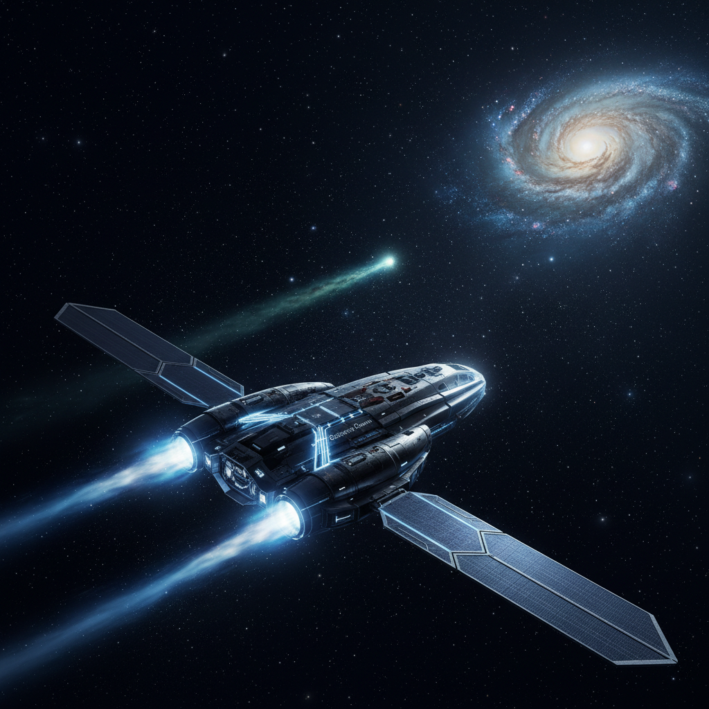 Uma visão futurista de uma missão espacial de alta velocidade, projetada para interceptar e estudar o cometa interestelar 3I/ATLAS. Tal empreendimento representa o auge da exploração espacial e da curiosidade humana.