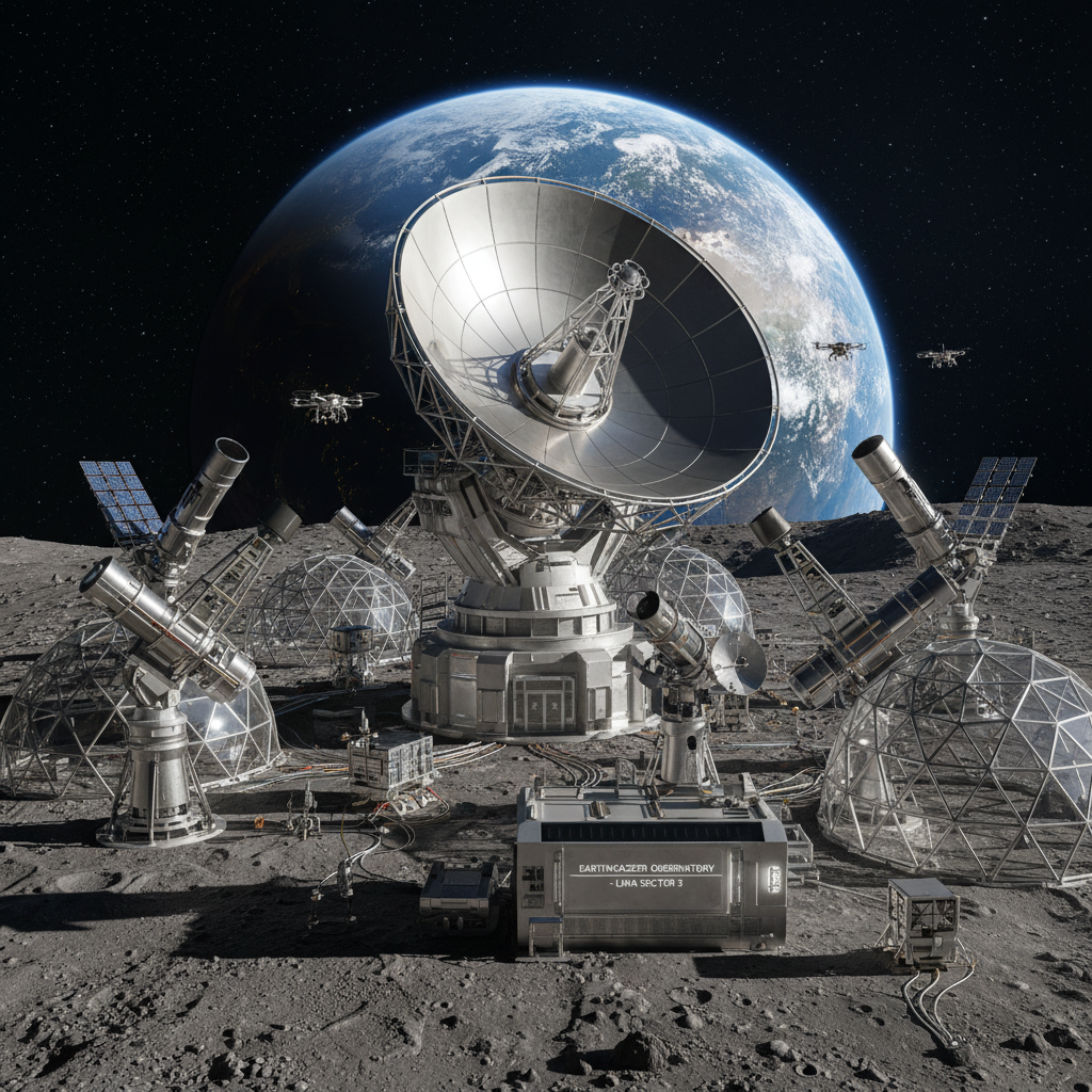 Conceito artístico de um observatório lunar avançado, equipado com tecnologia de ponta para monitorar o orçamento de radiação da Terra. A Lua, como plataforma estável, oferece uma perspectiva única para a climatologia global.