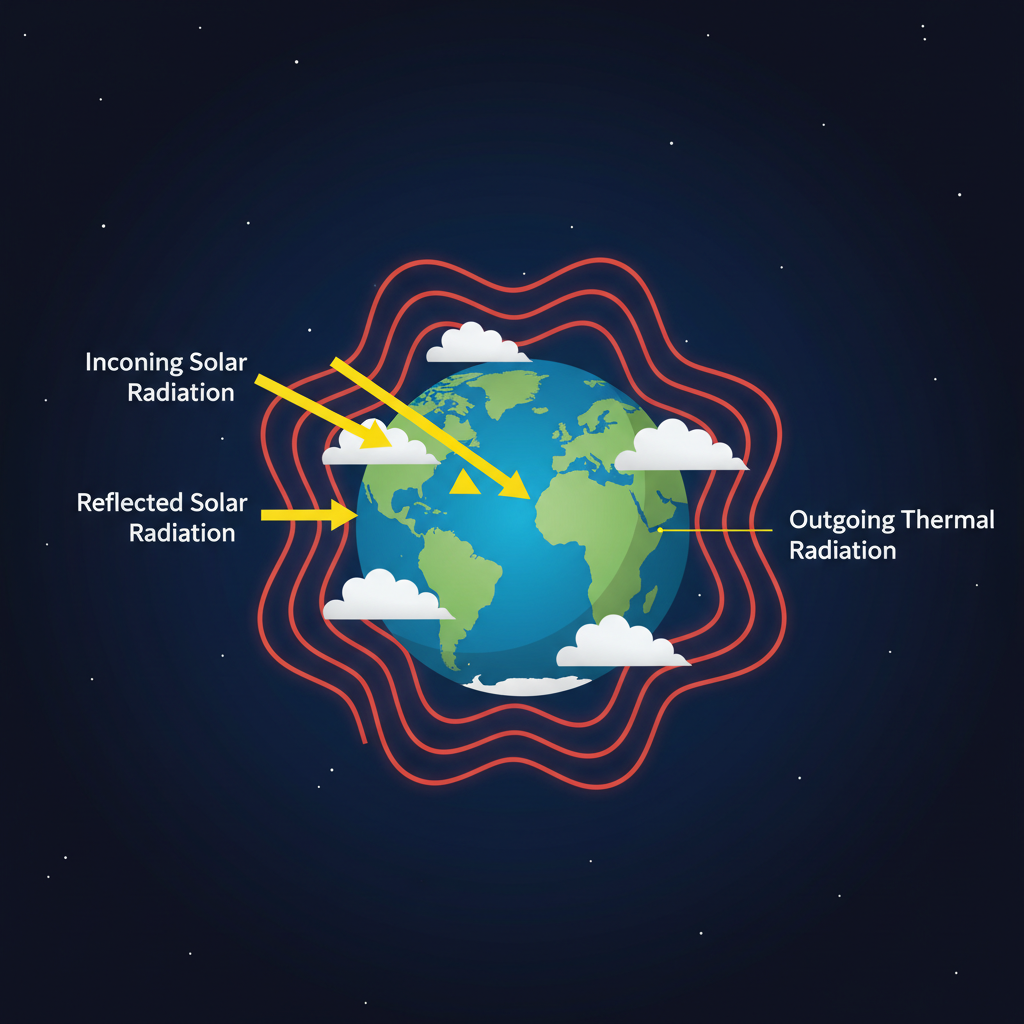 Um diagrama esquemático detalhado que ilustra o orçamento de radiação da Terra. Ele representa o fluxo de energia entre a luz solar absorvida e o calor irradiado de volta para o espaço, fundamental para o clima do planeta.